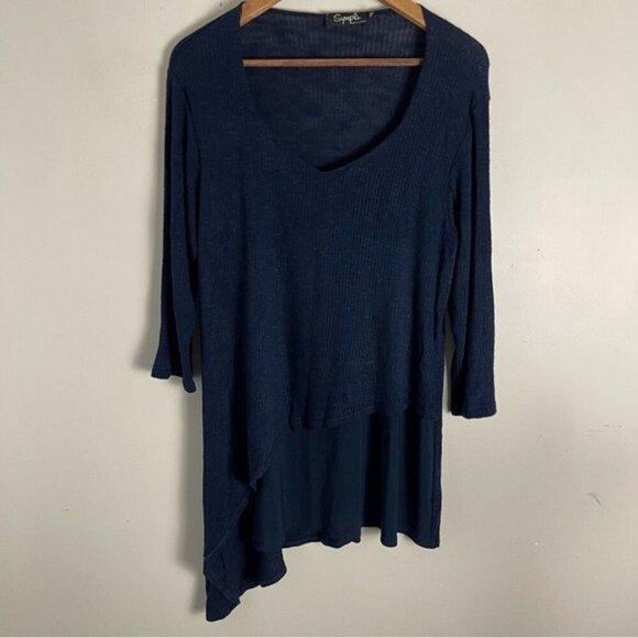 Sympli Ribbed Asymmetrical Tunic Top Sweater navy size 12 Lagenlook travel - Picture 1 of 9